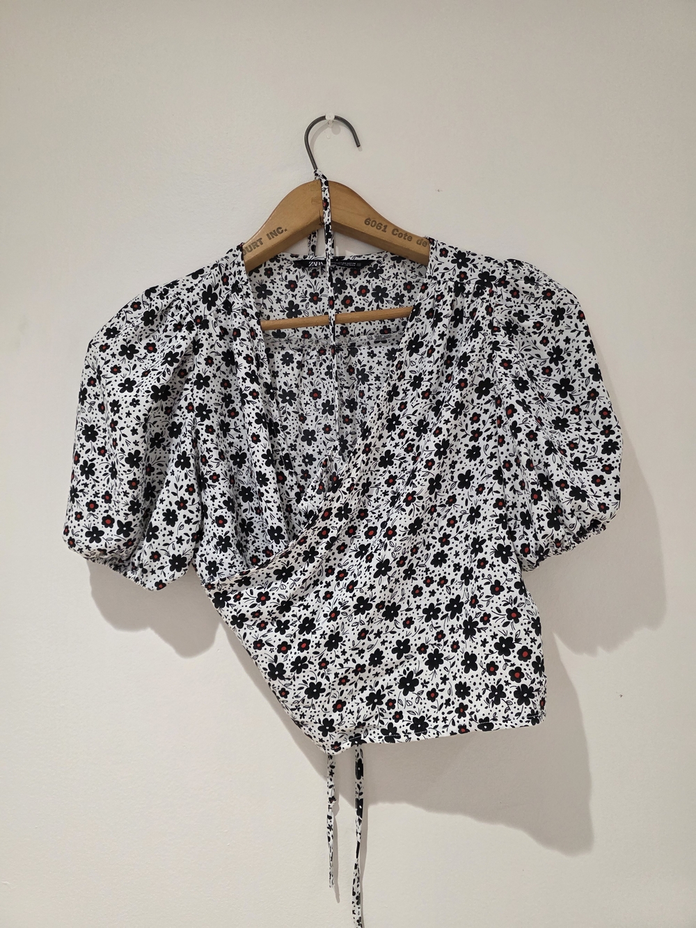 Zara White Floral Wrap Crop Top with Black & Red Flowers